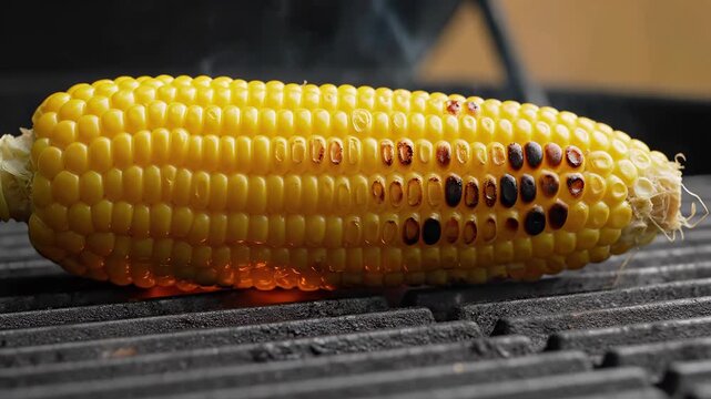 Grilled corn on cob cooking over flame on grill grate. Charred kernels and fire beneath illustrate outdoor barbecue preparation. Fresh summer vegetable meal with smoky, roasted texture for seasonal