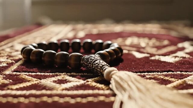 Tasbih Prayer Beads on Traditional Muslim Sajadah Mat for Islamic Worship