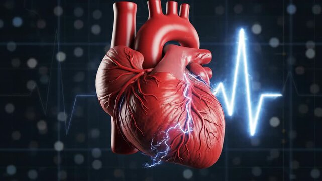 3D animation of a beating human heart with electrical bolts. Medical cardiology concept with EKG monitor line. Heart health and electrical stimulation visualization