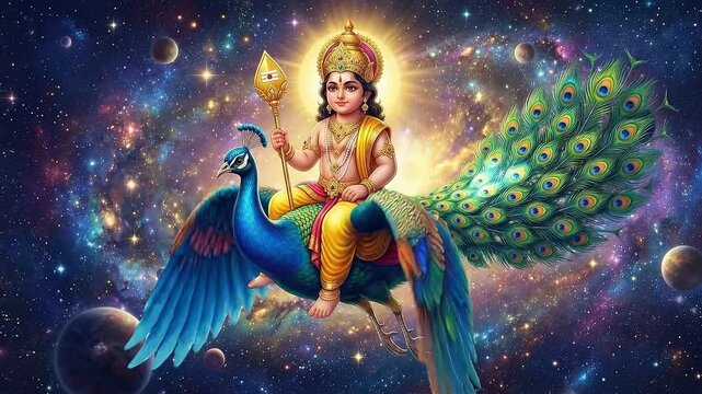 Lord murugan riding on a peacock through a vibrant cosmic galaxy background featuring planets and stars for thaipusam festival celebration and spiritual divine art