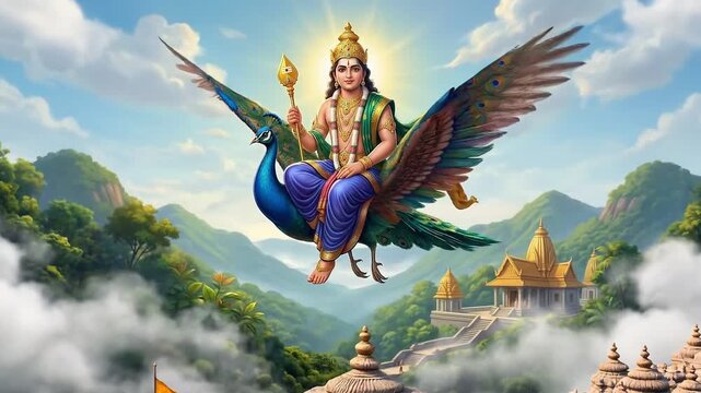 Lord murugan riding on a peacock vahana carrying a golden vel spear flying over ancient indian hindu temples and green mountains during the holy thaipusam