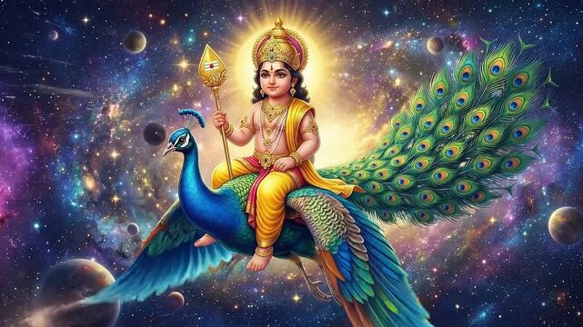 Murugan is depicted riding a peacock across a cosmic galaxy background for the hindu festival of thaipusam representing victory of good over evil with power