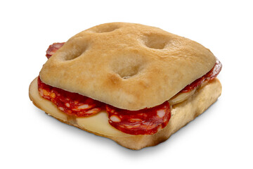 Sandwich made with focaccia bread filled with spicy salami and scamorza cheese, isolated on white with clipping path