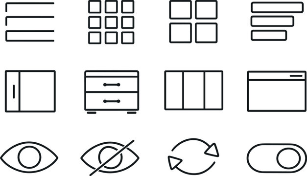 Line style vector icons of Navigation menu icons: list, grid, tiles, stack; sidebar, drawer, panel, window; show, hide, toggle,