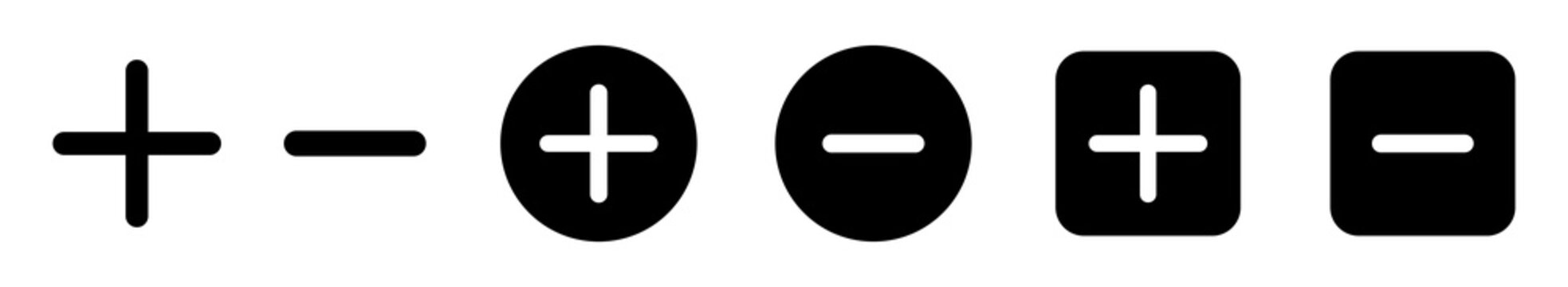 Plus and minus UI icon set with circle and square styles. Solid black add and remove symbols for apps, web interfaces, dashboards, forms, buttons, controls, and UX design.