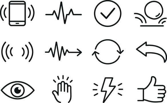 Line style of haptic feedback vector icons: vibration, pulse, tick, bounce; signal, response, loop, return; sense, perceive,