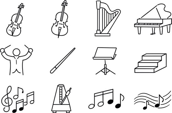 Line style vector icons of classical music soir&eacute;e: violin, cello, harp, piano; conductor, baton, stand, podium; harmony, tempo,