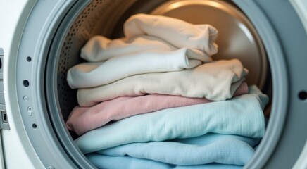 A close up of a washing machine with a bunch of clothes in it