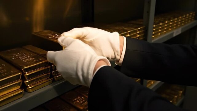 Man in white gloves inspecting a 1 kilogram fine gold bar and placing it on a vault shelf filled with other golden bullion.