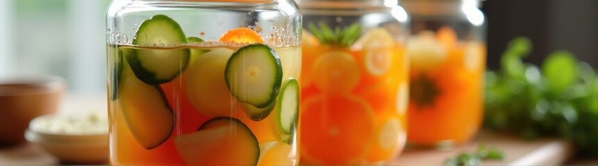 Many jars of pickles and cucumbers in them