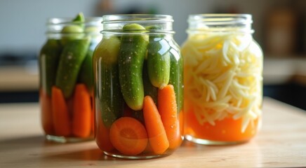 Three jars of pickled vegetables on a table