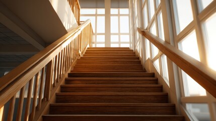Obraz premium Warm sunlight illuminating wooden staircase in modern interior setting.