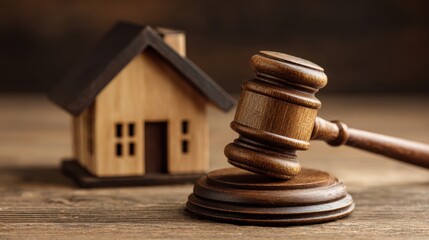 Obraz premium Wooden gavel and house model representing real estate auction or legal decision.