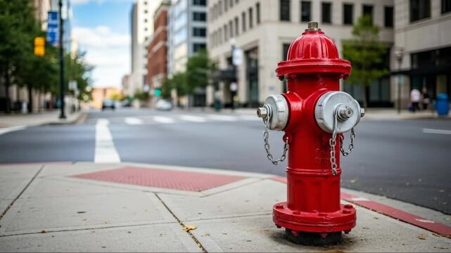 Vibrant red fire hydrant on urban street corner with busy city backdrop