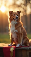 Dog sitting on a bench with a ribbon around its neck