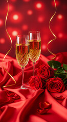 Elegant Red Romance Still Life with Champagne and Roses for Valentine&rsquo;s Day Content