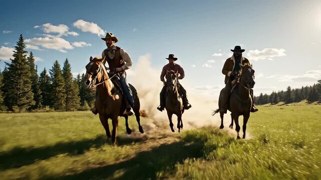 Three cowboys riding horses in a field