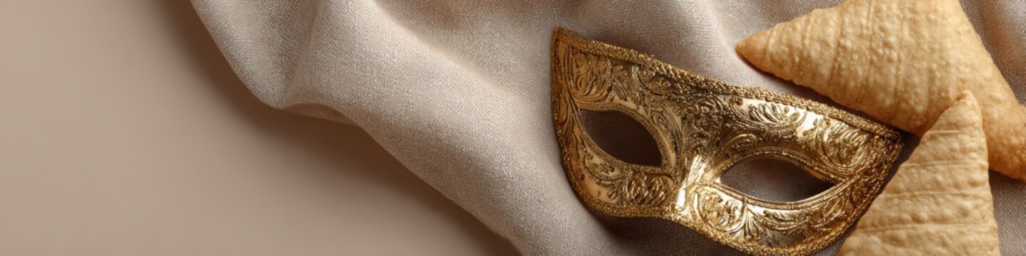 purim symbols banner, a ultra-wide web banner showcases modern purim symbols on the left like a gold mask and two hamantaschen, with plenty of copy space on a clean soft-beige background to the