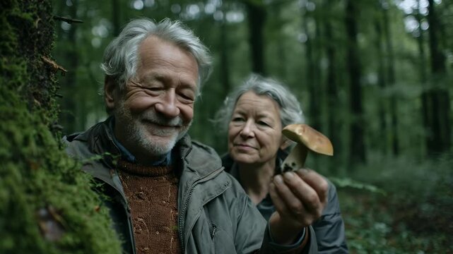 Elderly couple forages in lush green forest. Senior bearded man inspects wild boletus mushroom closely. Mature woman holds large fungus carefully. Mossy trees and foliage surround them in woodland.