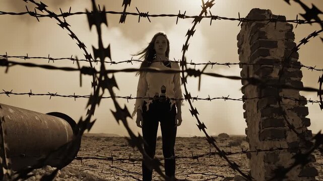 Woman behind barbed wire fence