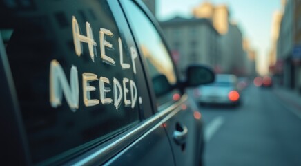 Cars driving down a city street with a sign that says help needed