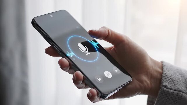 Hand holding smartphone with voice recording app