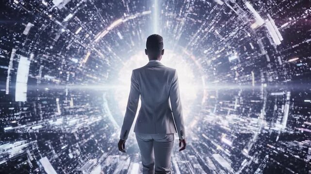 Business professional in futuristic digital portal with abstract data tunnel. Corporate vision concept with technology network for innovation, transformation, leadership journey, and strategic career