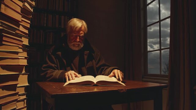 Elderly scholar with beard reading vintage book at wooden table. Professor sits between stacks of books. Man studies text in quiet room. Reading brings knowledge and wisdom to elderly scholar