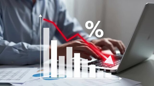 Professional works on laptop with overlay bar chart and downward arrow with percentage symbol. Business financial decline, interest rate reduction, economic downturn, negative market trends, falling