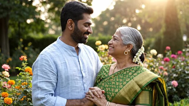Indian mother and son embracing in a vibrant garden. Happy family bonding and affection. Traditional attire in warm sunlight