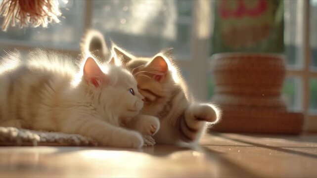 Adorable Kittens Playing Together in Golden Sunlight.