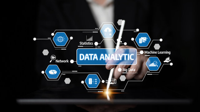 This stock image presents a modern data analytics concept featuring a digital interface, showcasing statistics and machine learning insights on a smartphone. Tessel