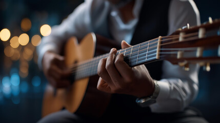 Fototapeta premium Defocused hands playing guitar at guitar lesson musical instrument instruction music education skill development performance training with copy space