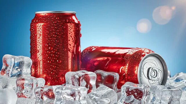 Cold red soda cans surrounded by ice cubes