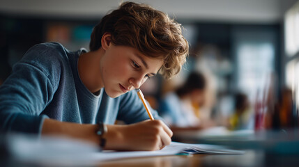 Faceless teenager students writing notes in classroom for education lesson revision and quiz preparation high school assignment studying academic curriculum with copy space