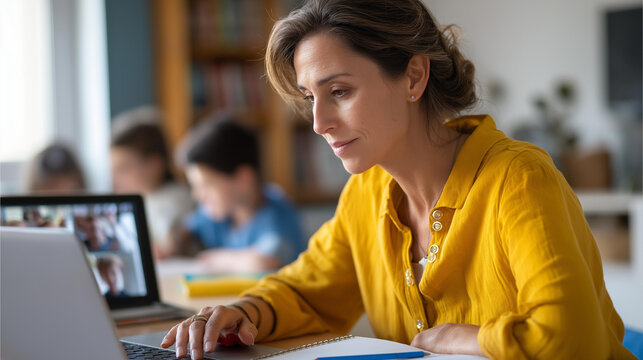 Faceless female teacher working at home conducting online lesson with group of teenage students remote education virtual classroom digital learning home workspace distance