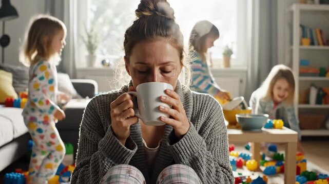 Tired mother drinking coffee in a messy living room. Exhausted parent overwhelmed by energetic children playing around her. Morning chaos and parenting stress concept