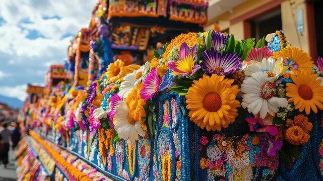 Vibrant Bolivian float showcasing intricate art and flowers during the Oruro Carnival celebration