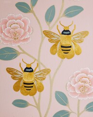 Obraz premium Golden metallic shiny bumble bees and pink floral elements on a soft pastel background, showcasing intricate details and vibrant colors in a decorative design