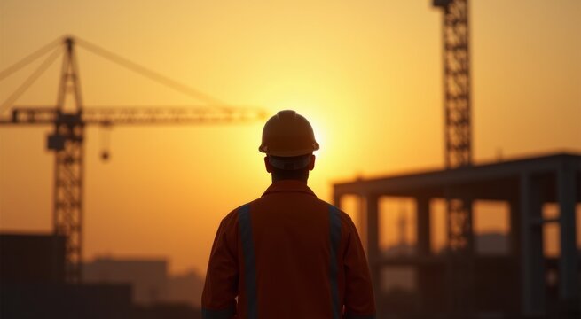 Construction worker in orange shirt and hard hat looking at construction site