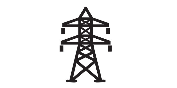 Electric power transmission vector icon, electric tower symbol, isolated on transparent background, black outline and filled style, minimal flat design