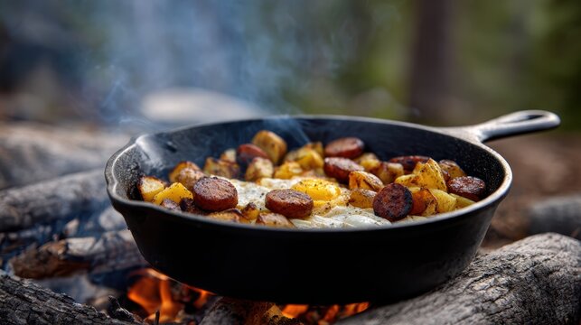 outdoor cooking, a picturesque scene with a skillet cooking breakfast over a campfire in a forested basecamp at dawn