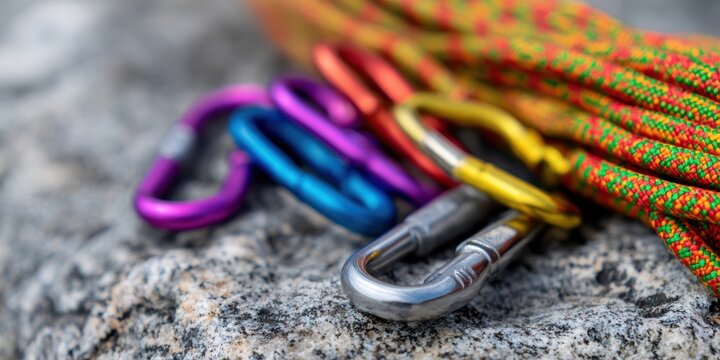 rock climbing equipment, brightly colored carabiners, coiled rope, and camming device on granite in natural light captured in high-resolution