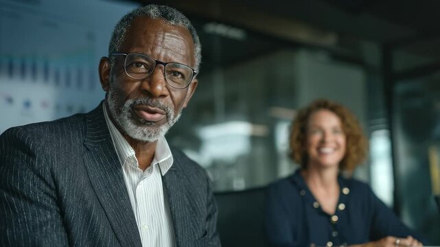 Senior black businessman speaks confidently. Gestures pointing finger emphatically. To mature female colleague. In modern office setting. Redhead woman listens attentively.