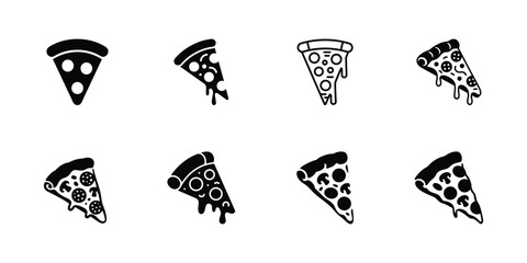 Vector pizza slice icons set, different styles, black and white