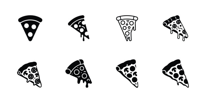 Vector pizza slice icons set, different styles, black and white