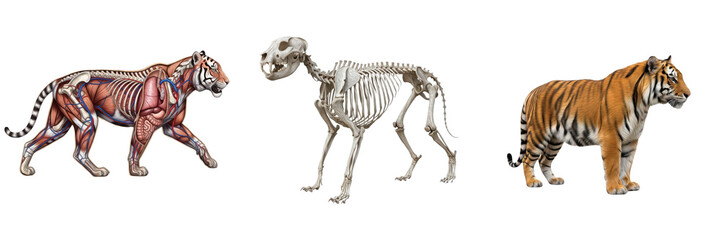 Obraz premium Isolated Tiger Anatomy Set with Skeleton, Internal Organs and Realistic Tiger – Transparent Background PNG
