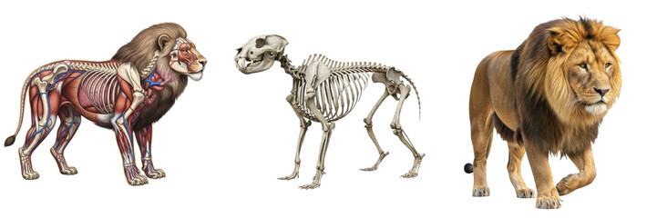 Obraz premium Isolated Lion Anatomy Set with Skeleton, Internal Organs and Realistic Lion – Transparent Background PNG