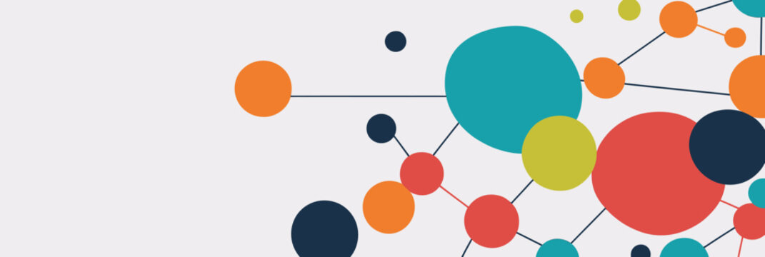 Abstract colorful network connection with overlapping circles and lines on white background for social media technology communication concept banner design