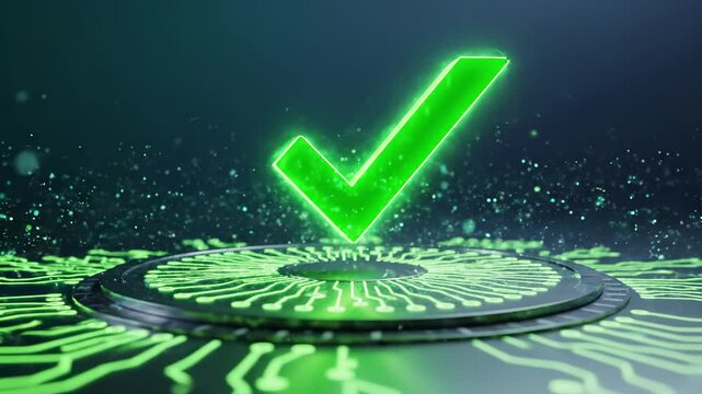 Glowing checkmark symbol above circuit board platform. Digital verification and approval concept with electronic circuits for cybersecurity authentication, quality control validation, compliance